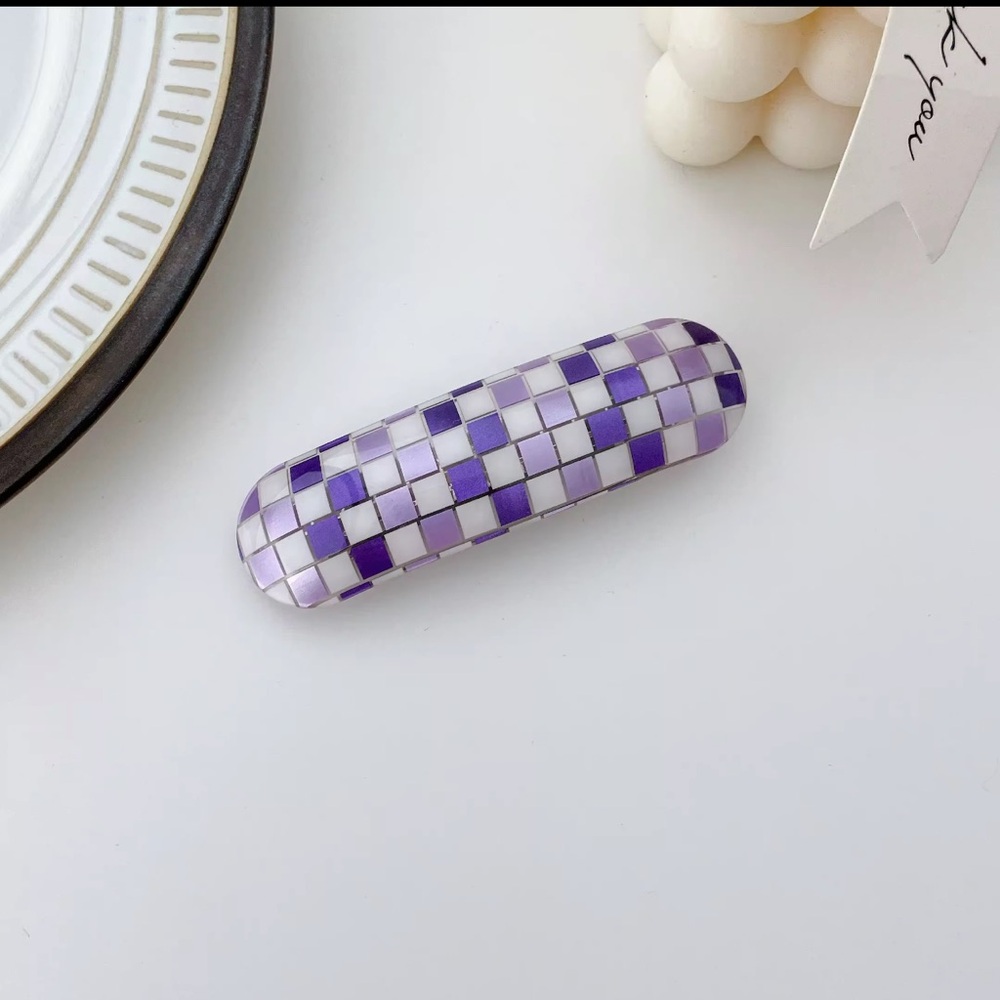 Purple/White Checkered Hair Clip, 3 inch